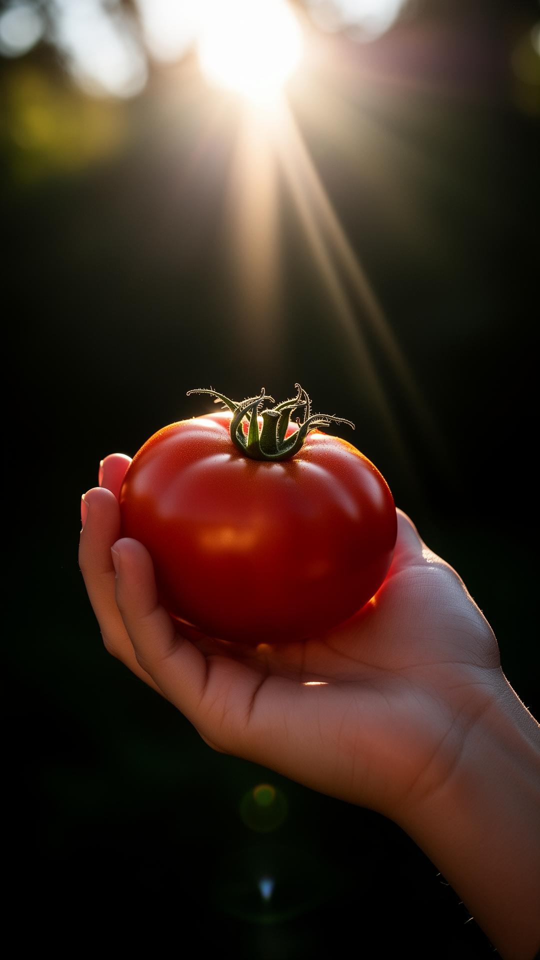 A hand holding a sun-lit tomato